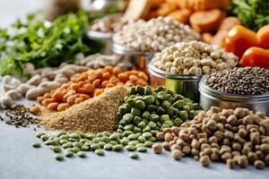 A colorful assortment of various dried legumes and grains arranged in bowls and scattered photo