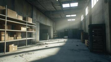 A dimly lit warehouse interior with shelves and scattered boxes photo