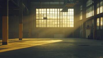 An empty industrial space illuminated by sunlight, creating a serene atmosphere. photo