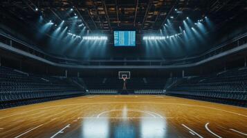 A basketball court illuminated in an empty arena, ready for a game photo