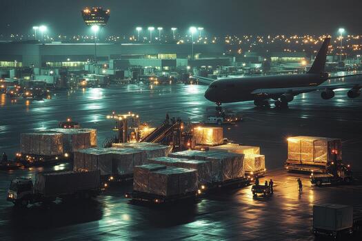 Nighttime airport scene with cargo loading and an airplane on the tarmac photo