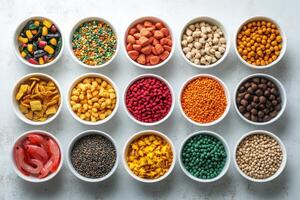 A colorful array of snacks and candies in bowls, showcasing variety and texture photo