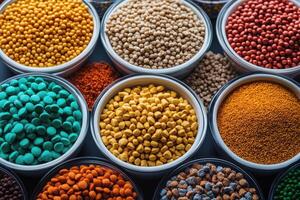 A vibrant assortment of colorful spices and grains in bowls, showcasing culinary variety photo
