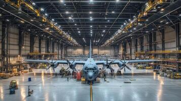 A large aircraft is being serviced in a spacious hangar filled with equipment and tools photo