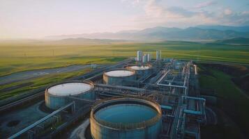 Aerial view of industrial oil storage tanks surrounded by lush green landscapes and mountains photo