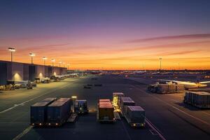 A twilight view of an airport cargo area with containers and aircraft under a colorful sky photo