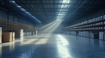 A spacious, well-lit warehouse with shelves and boxes, showcasing industrial storage. photo