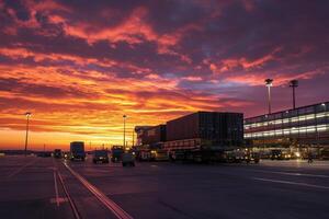 Sunset over an airport with cargo trucks and containers in a bustling environment photo