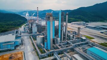 Aerial view of an industrial complex surrounded by mountains and infrastructure photo