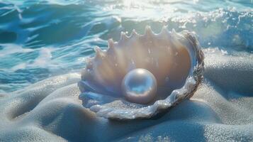 A pearl nestled in a shell on a sandy beach with ocean waves in the background photo