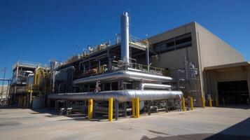 Industrial facility with large pipes and machinery, designed for processing or manufacturing. photo