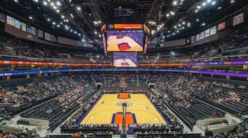 A view of a sports arena during an event, showcasing the court and seating areas photo
