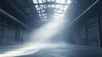 A spacious industrial warehouse illuminated by sunlight filtering through the roof photo