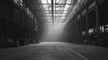 A spacious, industrial warehouse with light streaming through, creating a moody atmosphere photo