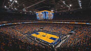 A packed basketball arena during a game, showcasing fans and a vibrant court photo