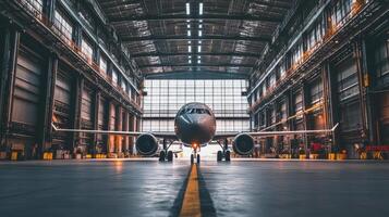 A commercial airplane positioned inside a spacious hangar, illuminated by natural light photo