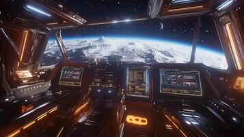 A futuristic spacecraft cockpit overlooking a planet from space photo