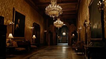 A grand, opulent hallway with chandeliers and ornate decor photo