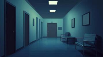A dimly lit hospital corridor with chairs and closed doors, creating a somber atmosphere photo