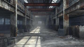 Abandoned industrial space with rusted beams and scattered debris, illuminated by natural light photo