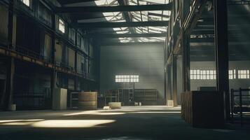 A spacious industrial warehouse with sunlight streaming through windows photo