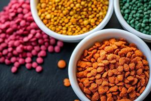 Colorful bowls of various pet food pellets and seeds arranged on a dark surface. photo
