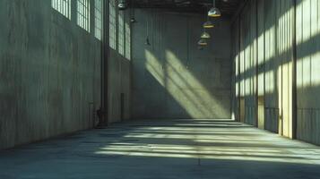 A spacious industrial interior with sunlight casting shadows on the concrete floor photo