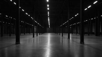 A spacious, dimly lit industrial warehouse with rows of pillars and a polished floor photo