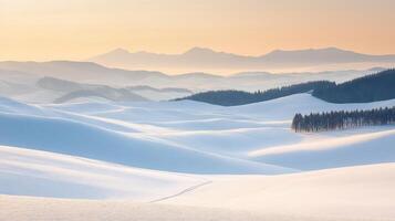 Serene winter landscape with rolling snow-covered hills and distant mountains at dawn photo