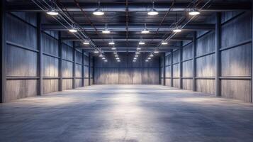 A spacious, well-lit industrial interior with concrete flooring and metal walls photo