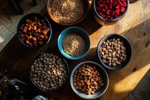 Various bowls filled with different types of grains and snacks arranged on a wooden table photo