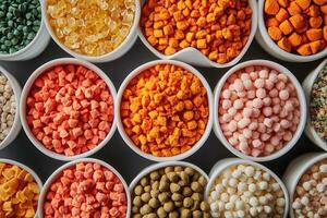 A colorful assortment of small food pellets in various containers, likely for animal feed photo