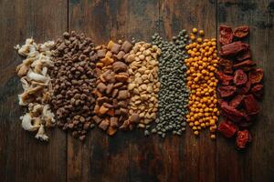 A colorful arrangement of various dried foods on a wooden surface, showcasing ingredients photo