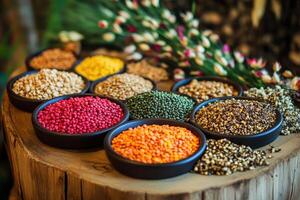 A vibrant display of various spices and lentils in bowls on a wooden surface photo