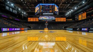 A basketball court view showcasing the arena's vibrant atmosphere and scoreboard photo