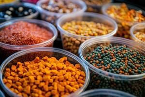 Colorful assortment of spices and grains in clear containers, showcasing culinary diversity photo