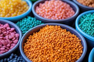 Colorful bowls filled with various small beads or pellets, likely for crafting or decoration photo