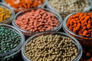 A collection of colorful spices and seeds in glass containers, showcasing variety and texture photo