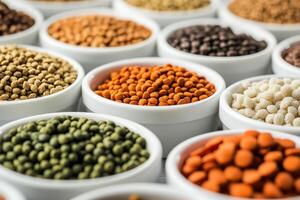 A variety of colorful legumes and grains displayed in white bowls for culinary use photo