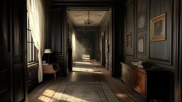 A dimly lit hallway in an elegant interior, showcasing classic decor and soft sunlight photo