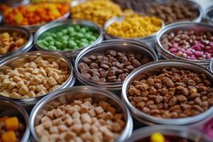 A variety of colorful snacks displayed in metal containers for selection photo