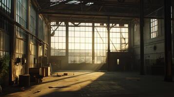 A sunlit industrial space with large windows and scattered objects, evoking a sense of nostalgia photo