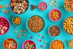 A vibrant assortment of colorful snacks arranged in bowls on a bright blue background photo