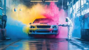 A colorful car emerges from a spray of vibrant paint in an industrial setting photo