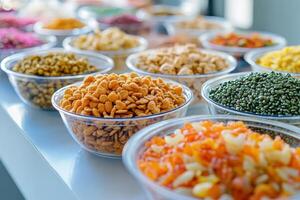 A colorful display of various snacks and dried fruits in bowls, showcasing diversity in treats photo