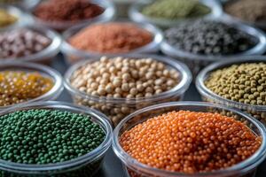 A colorful assortment of various seeds and legumes in clear containers for culinary use photo
