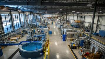 A spacious industrial facility with machinery and tanks for processing and production photo