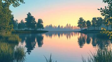 A serene lake at sunrise, reflecting trees and soft colors in a tranquil landscape photo