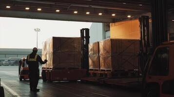 A worker oversees the loading of large pallets onto a transport vehicle in an industrial setting photo