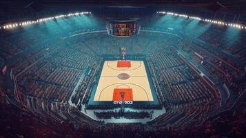 Aerial view of a packed basketball arena with a court and scoreboard photo